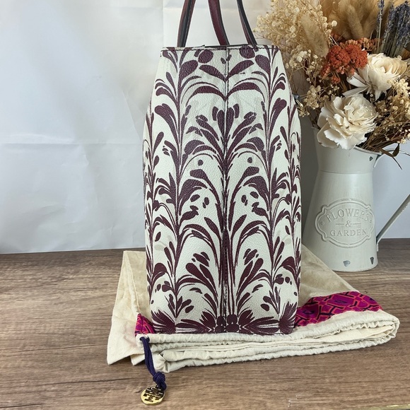 Tory Burch Kerrington Wonderland Burgundy Cream Tote Hand Shoulder Bag - Picture 8 of 17